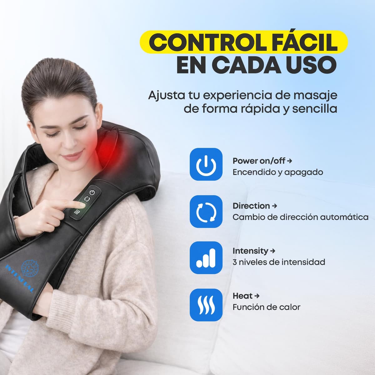 Masajeador Cervical y Espalda Shiatsu con Calor, Masajeador de Cuello, Hombros y Lumbar con 2 Nodos Rotatorios y 4 Cabezales, 3 Intensidades, Masaje Profundo 3D, Uso en Casa y Coche (No Inalámbrico) — view 5
