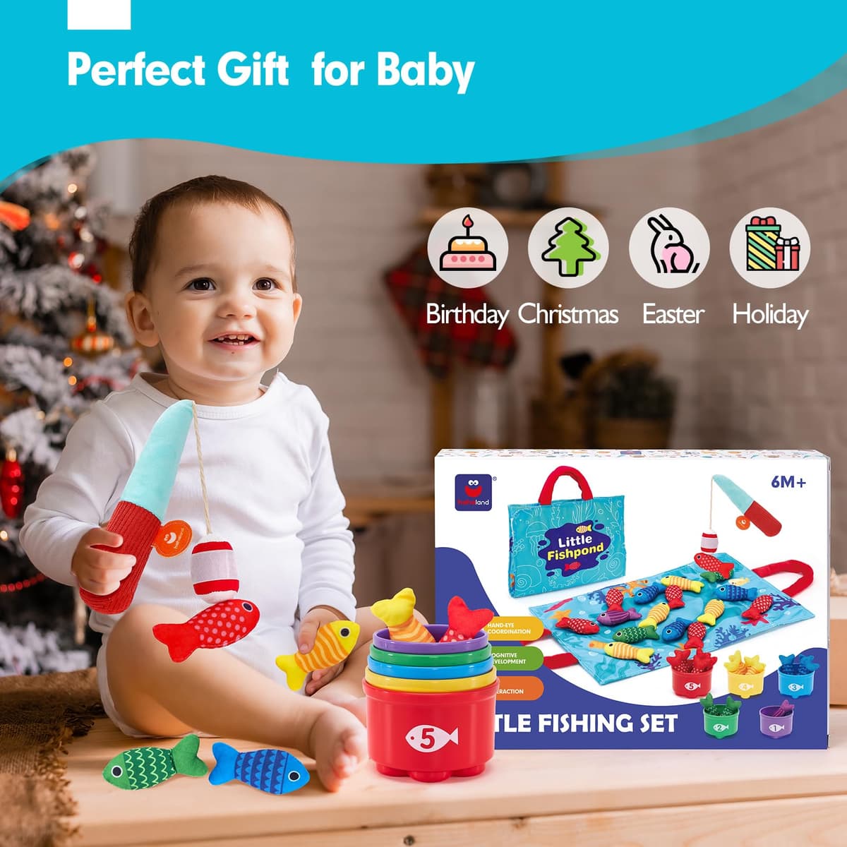 hahaland Montessori Toys for 1 Year Old, 10 in 1 Fabric Fishing Game for Kids Baby Toys for 1 2 3 Year Old Boys Girls, with Stacking Cups- Number Counting, Color Sorting, Shape Learning Baby Gifts — view 7