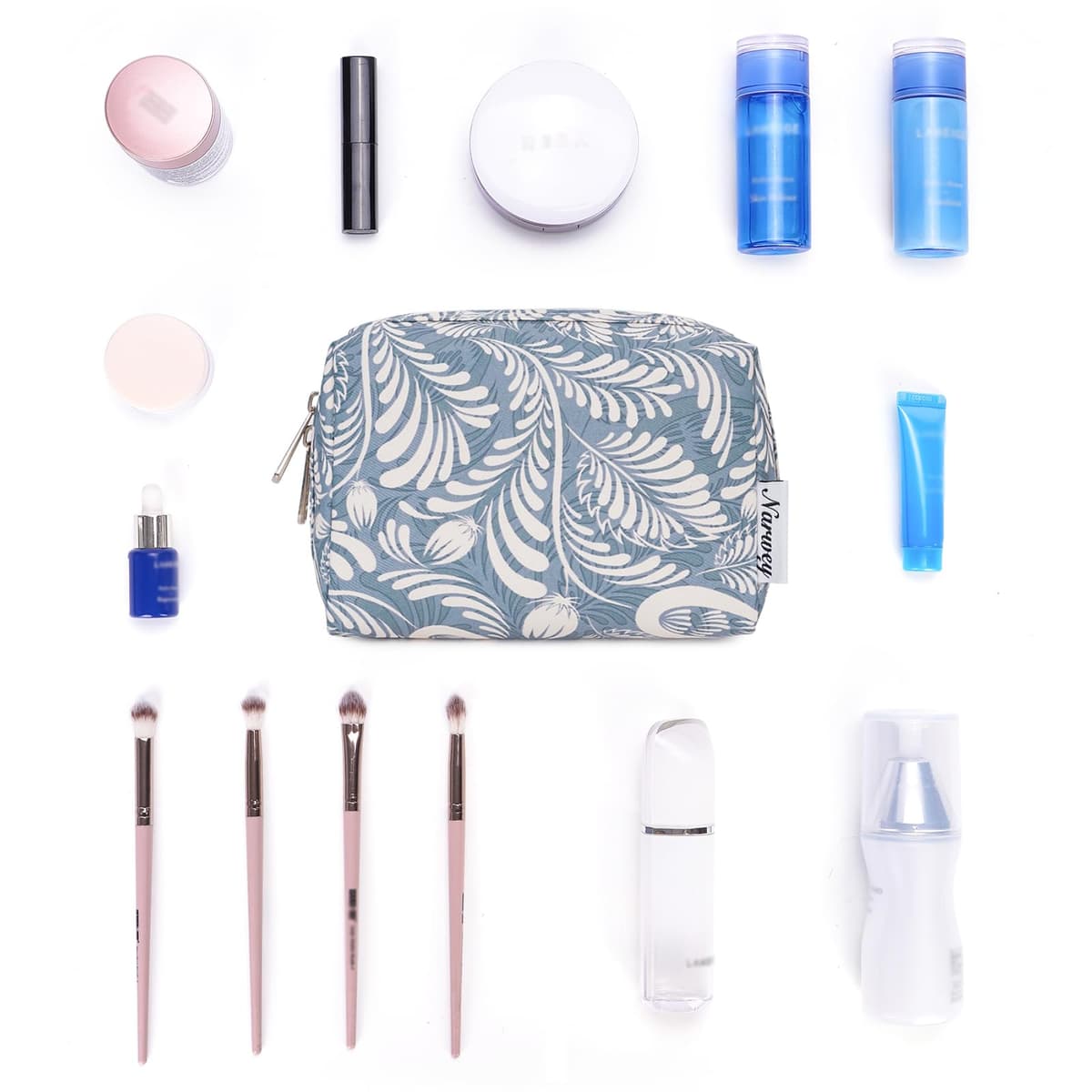 Small Makeup Bag for Handbag Cute Mini Cosmetic Bag PouchTravel Make up Bag for Purse (Blue Leaf, Small) — view 3