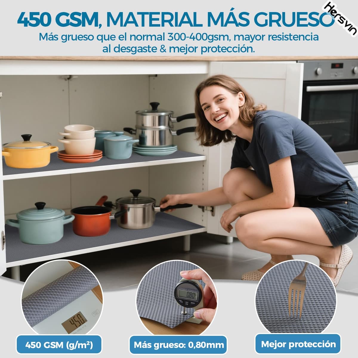 Hersvin 45cmx500cm Plastico Protector para Cocina Cajones, Alfombras Non Adhesivo para Nevera Mueble Fregadero Estante Organizador Cubiertos EVA Cubre Encimera(Gris Oscuro/Punto) — view 2