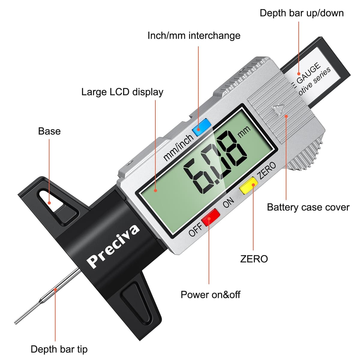 Tyre Tread Depth Gauge, Preciva Silver 0-25.4mm/Inch Digital Tire Checker UK, Tyres Depths Measuring Tool with Large LCD Screen for Cars, Trucks, Vans — view 5