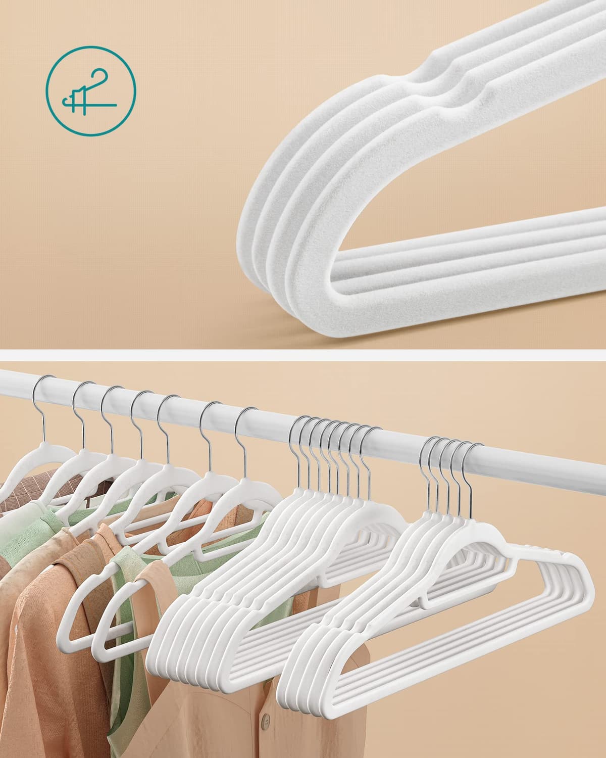 SONGMICS Percha de Terciopelo, Juego de 50, Antideslizantes, con Barra Corbata y Gancho Negro, 0,6 cm Espesor, Ahorra Espacio, 43,5 cm Largo, Abrigo Pantalón, Blanco Nube y Plata CRF020W02 — view 3