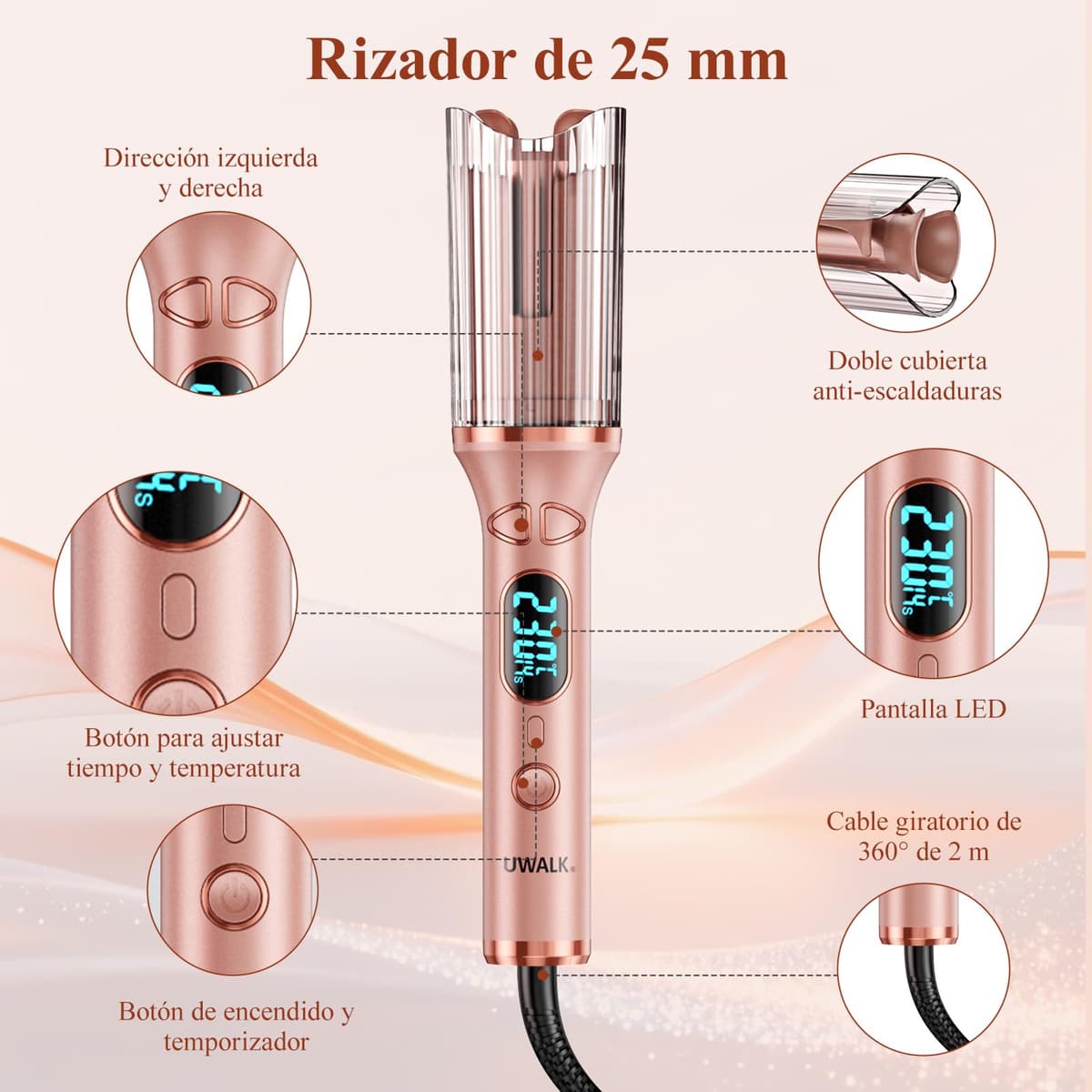Rizador Automático Pelo Ondas Automatico: Rizador de pelo Automatico de 25 mm con 14 Temperaturas y 5 Temporizadores - Hair Curler Portátil con Pantalla LED, Antiquemaduras y Calentamiento Rápido — view 3