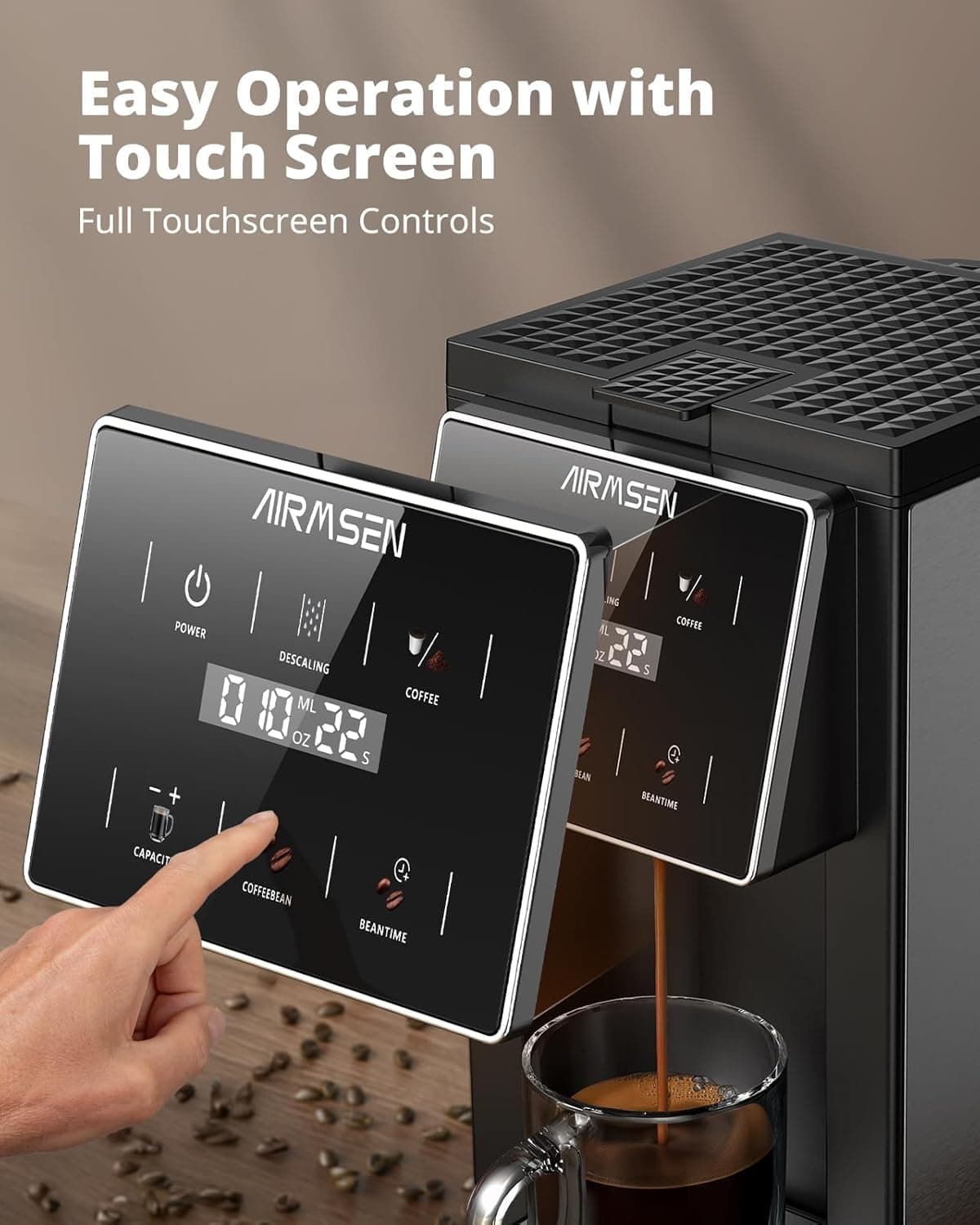 AIRMSEN Grind & Brew Coffee Maker with Built-in Grinder (2026 Model) - Single-Serve, Compatible with K-Cup Pods & Ground, 1000W Fast 6-14oz Brewer, Descaling Alert, Touchscreen & 50oz Removable Tank — view 7