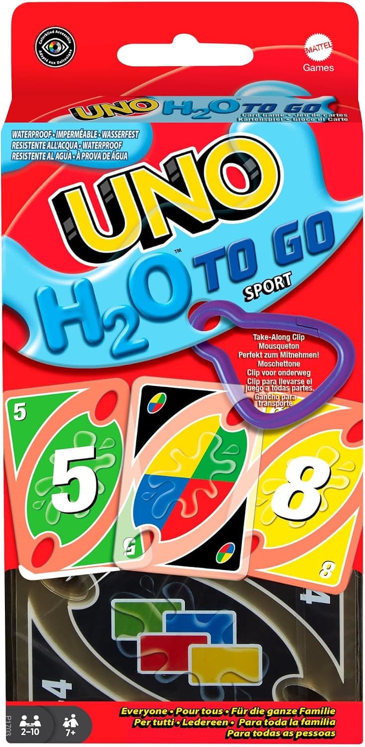 Mattel Games UNO H20 to GO, water resistant cards game, to take to the beach and to snow holidays, extra durable 108 cards, ages +7, P1703