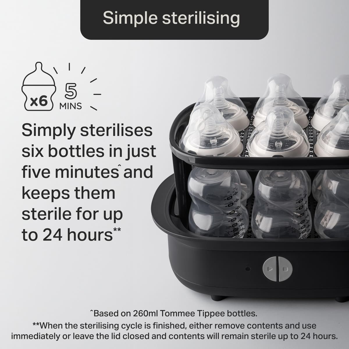 Tommee Tippee Supersteam Electric Steam Steriliser, Black, for Baby Bottles, Soothers and Feeding Accessories, Kills Viruses* and 99.9% of Harmful Bacteria, 5-Minute Sterilisation Cycle — view 3