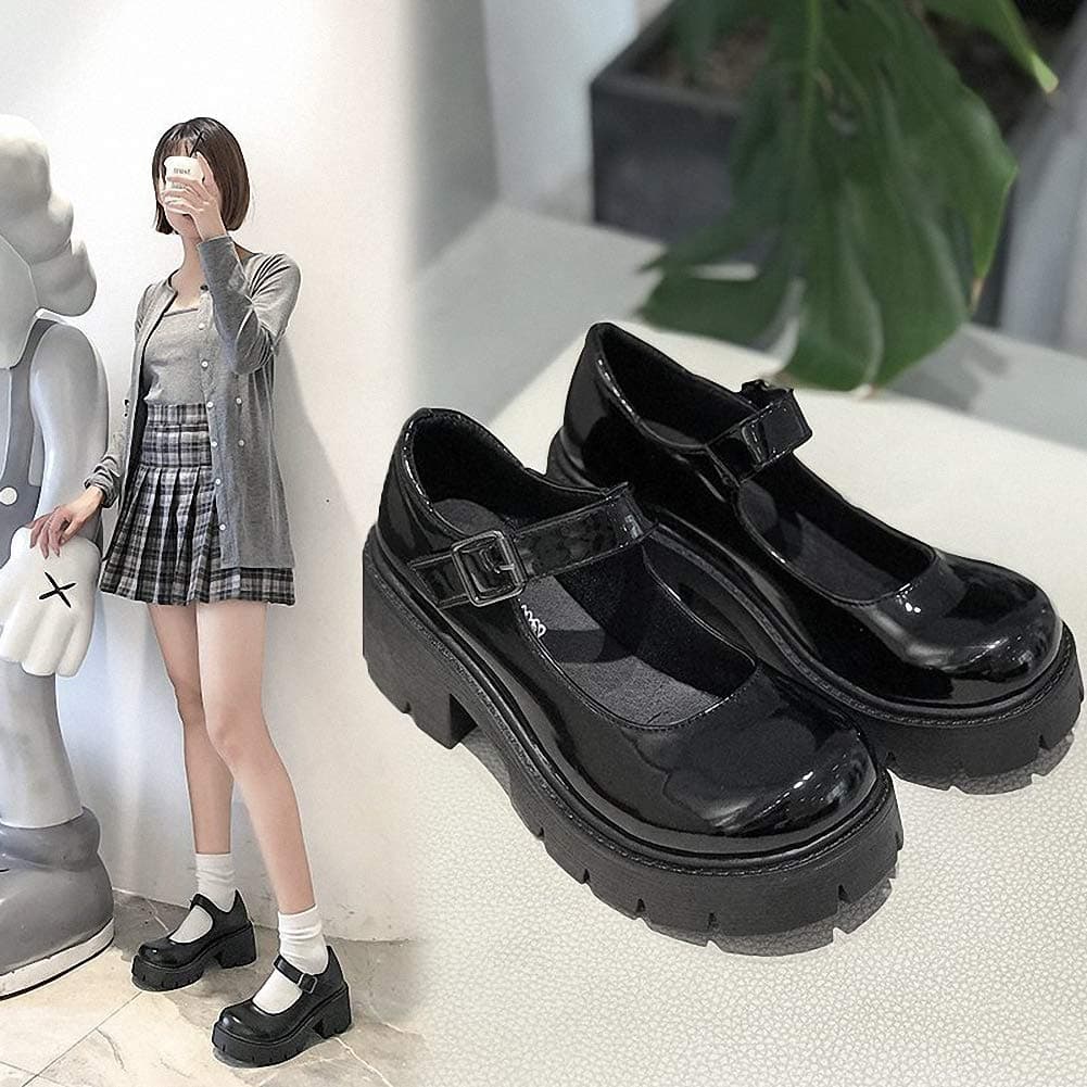 Womens Platform Mary Janes Shoes Sweet Toe Ankle Lolita Gothic Pumps Chunky Patent Leather — view 2
