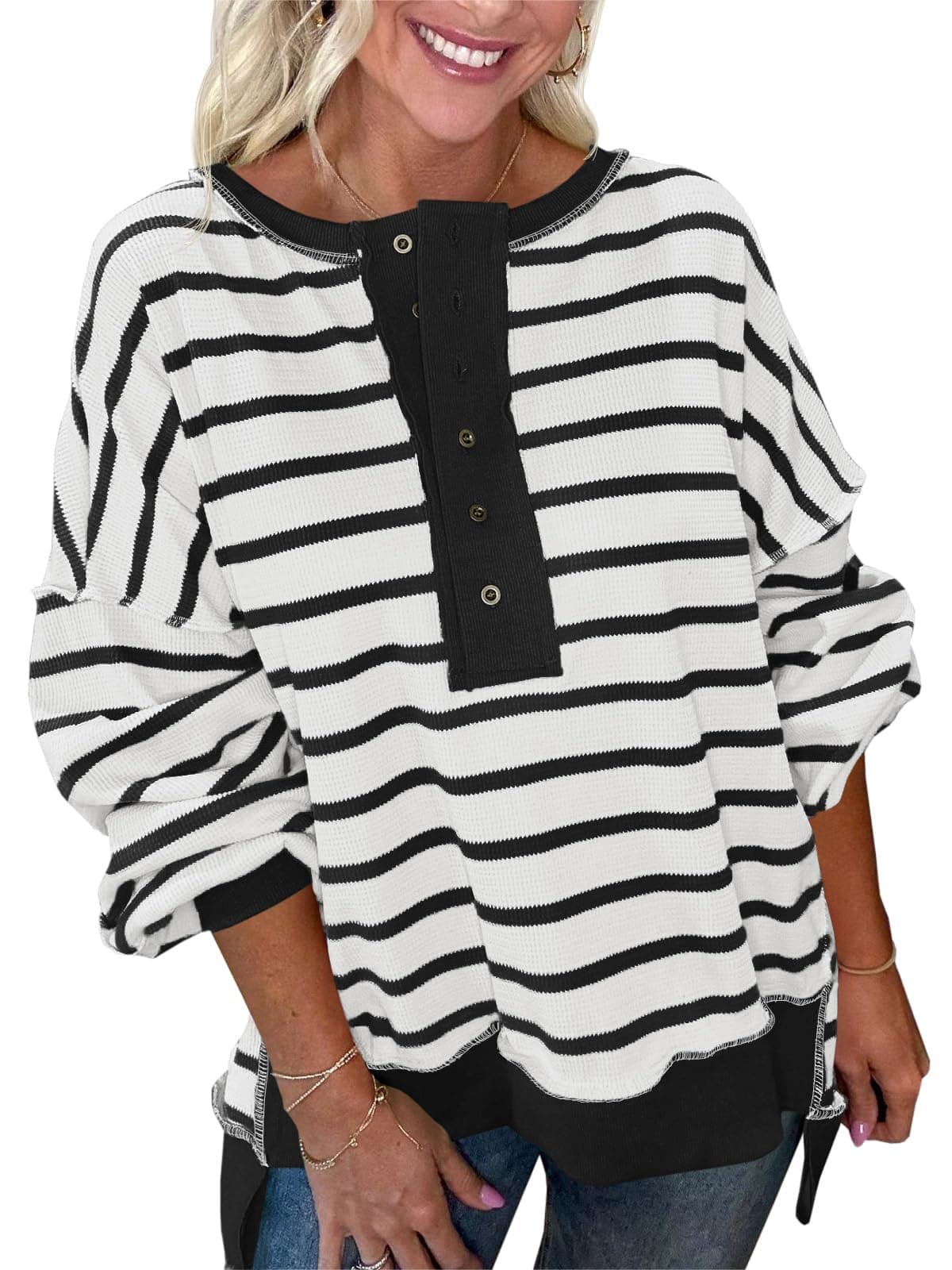 Sudaderas de gran tamaño para mujer, a rayas, estilo Henley, con bloques de color, informal, de punto gofre
