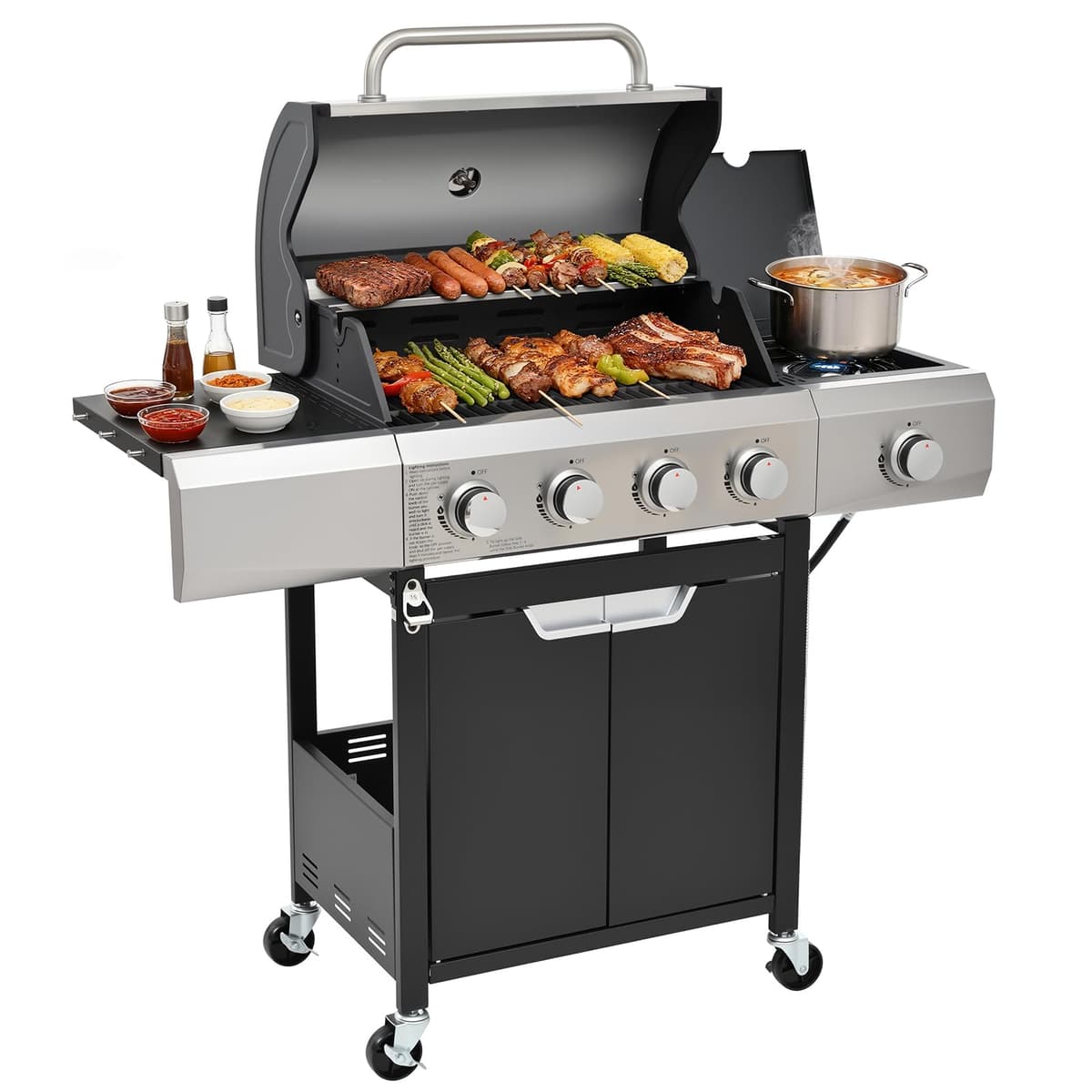 EUHOME 40,500 BTU 3-Burner Propane Gas Grill with Side Burner,Stainless Steel Outdoor BBQ Grill Portable with Wheels and Cast Iron Grates for Patio Garden Barbecue Cooking — view 14