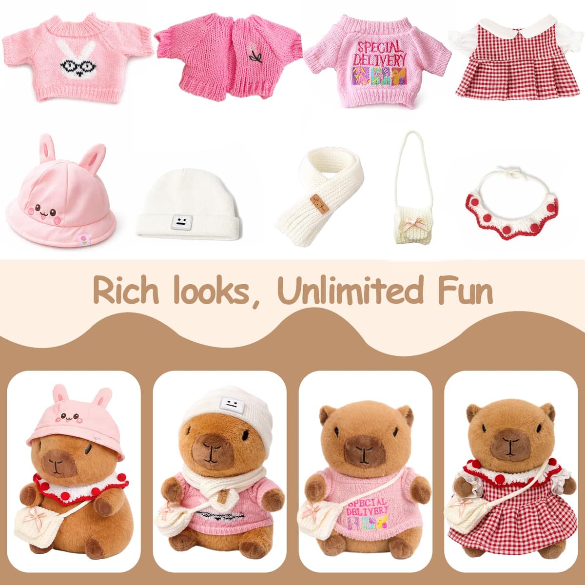 10.2" Brown Capybara Plush Toy with 9 Clothes and Accessories Super Soft Capybara Stuffed Animal for Kids Girls Boys (Pink Capybara) — view 2