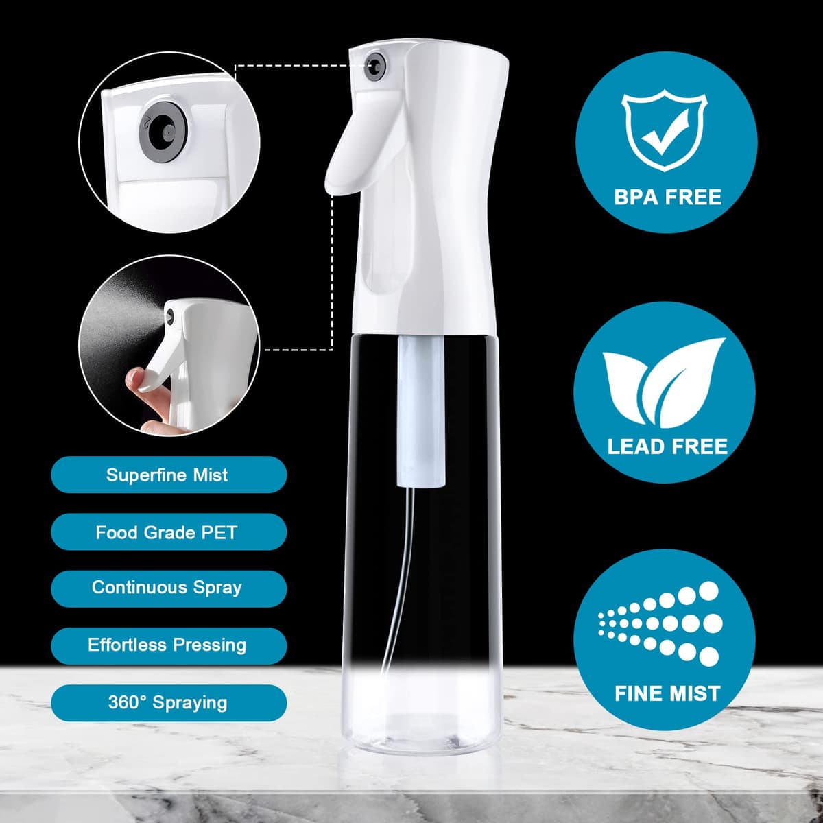URAQT Botella Pulverizador Agua Peluqueria, 300ml Fina Niebla Pulverizador Continuo, Frascos de Spray Vacio Recargable para el Cabello, Peinado, Planta, Mascota, Limpieza(blanco) — view 4