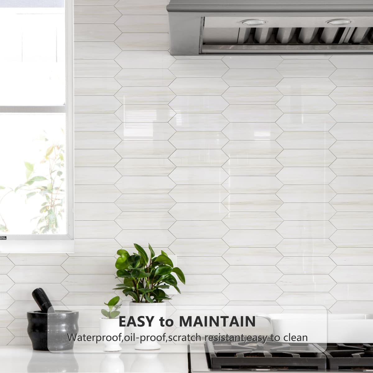 Vamos Tile Glossy Dolomite White Backsplash Tile Peel and Stick, 12.8 x 12.8 Inch 10 Sheets Long Hexagon PVC Self Adhesive Mosaic Wall Tiles Stick on Backsplash for Kitchen and Bathroom — view 2