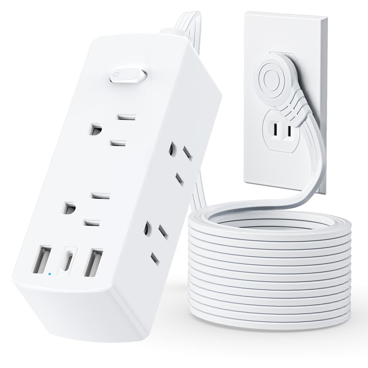 Short Extension Cord 1ft - Olcorife Flat Plug Power Strip with 6 Outlets 3 USB Ports(1 USB C), Small Outlet Extender for Travel Dorm Room Essentials, White — view 8