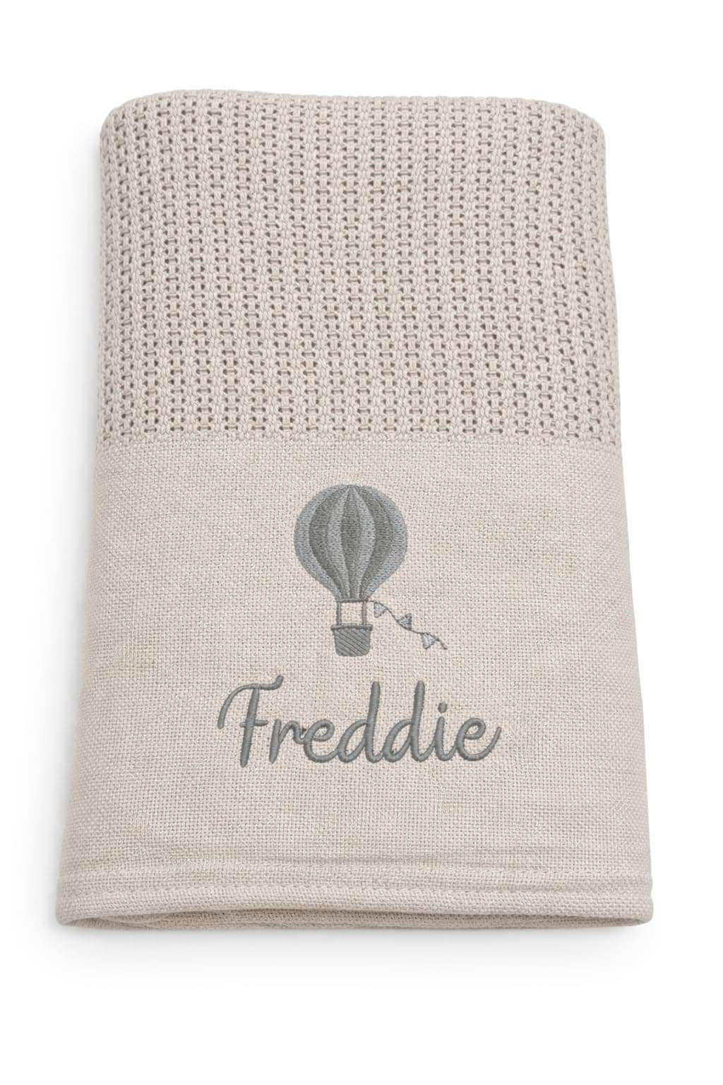 Personalised Cellular Baby Blanket with Embroidered Name – 100% Cotton Soft Breathable Newborn Blanket, Pram Crib Moses Basket Blanket, Hot Air Balloon Design, 70x110cm (4 Colours) (Grey)