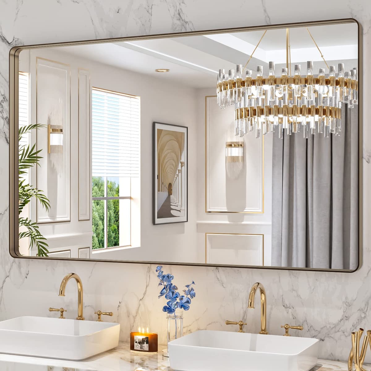 LOAAO 48”X36” Gold Bathroom Mirror, Rounded Rectangle Gold Frame Mirror, Brushed Gold Bathroom Vanity Mirror Wall-Mounted, Anti-Rust, Tempered Glass, Hangs Horizontally or Vertically — view 91