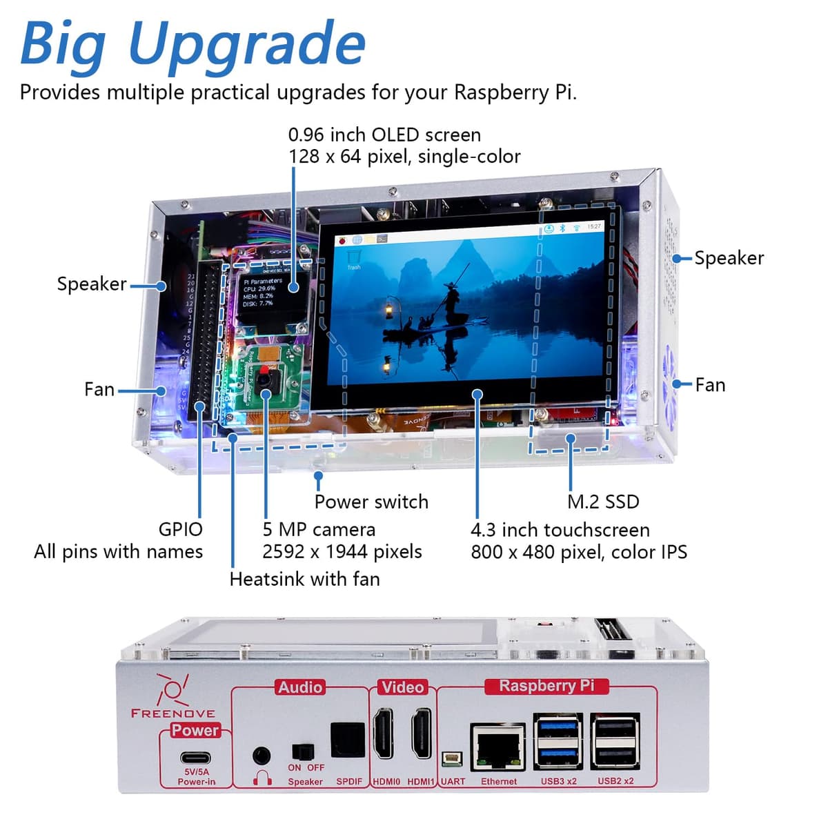 Freenove Computer Case Kit for Raspberry Pi 5 (Not Included), 128GB M.2 NVMe SSD 800 MB/s, 4.3 Inch Touchscreen, 5 MP Camera, OLED Screen, Stereo Speakers, 3.5 mm and Optical Audio (S/PDIF) — view 3