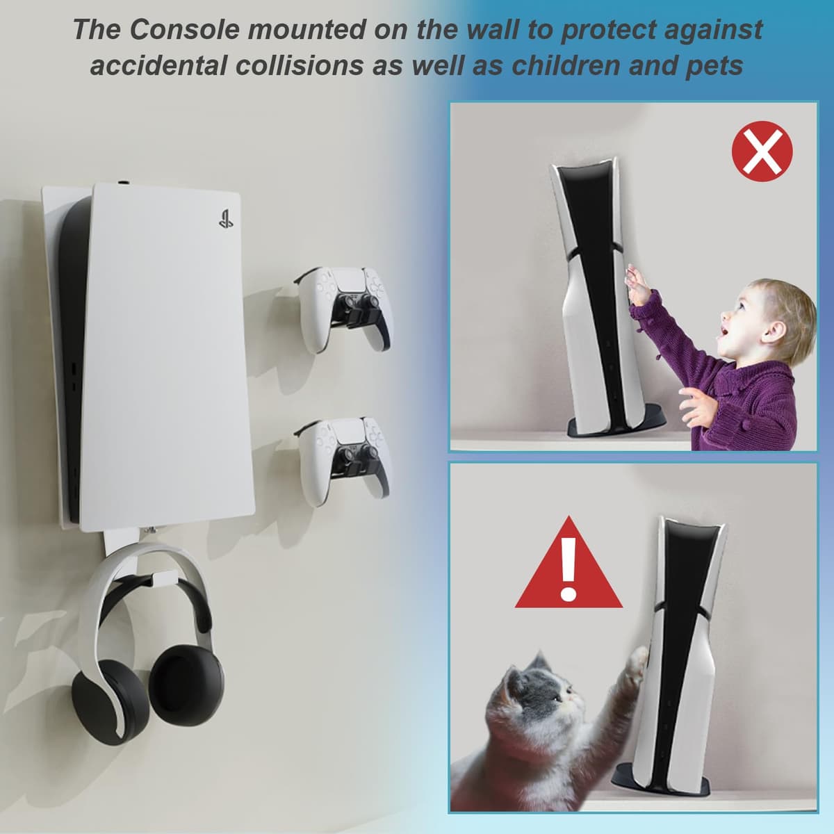 PS5 Wall Mount, Heavy-Duty Steel Mount Kit for Protection & Cooling with 2 Controller Holder and Headset Holder,Compatible with All PS5 Models Including Slim, Pro, Original. (White) — view 4