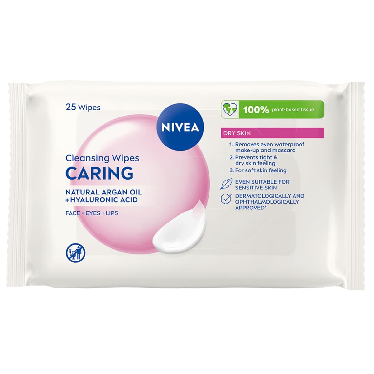 NIVEA Caring 3-in-1 Cleansing Face Wipes for Dry Skin (25 Sheets), Nourishing Face Cleanser and Makeup Wipes for Gentle Yet Effective Makeup Removal