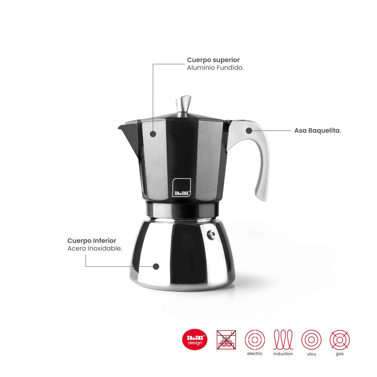 IBILI - Cafetera express Elba Black, 6 tazas, 300 ml, Aluminio fundido, Base de Acero Inoxidable, Apto para inducción — view 5