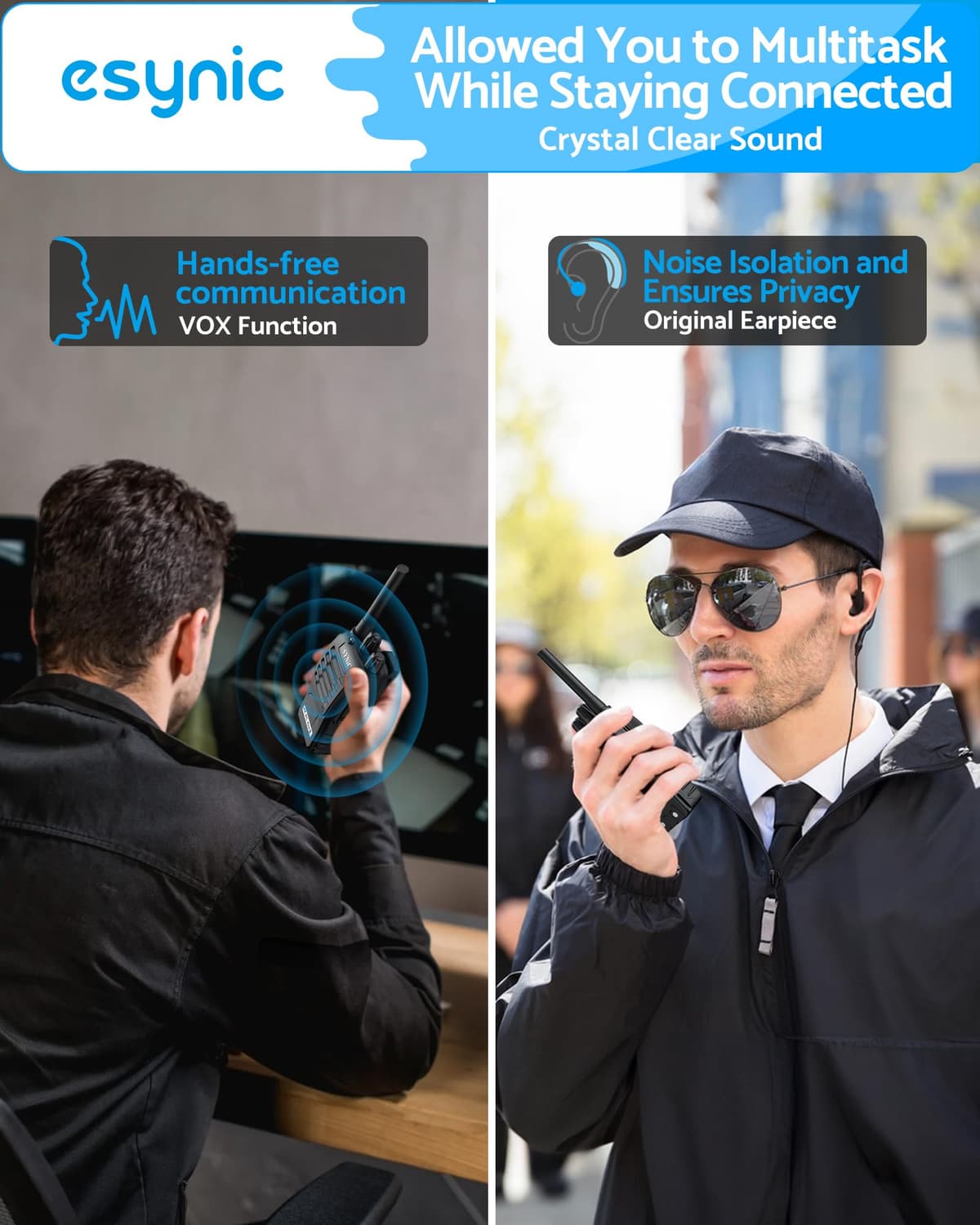 eSynic 2Pack Professional Walkie Talkies for Adults Rechargeable Walkie Talkies Best 16CH Walkie Talkie Hand Free VOX Two Way Radio With Earpieces& LED Lights Wonderful Gifts For Adults Kids etc — view 4