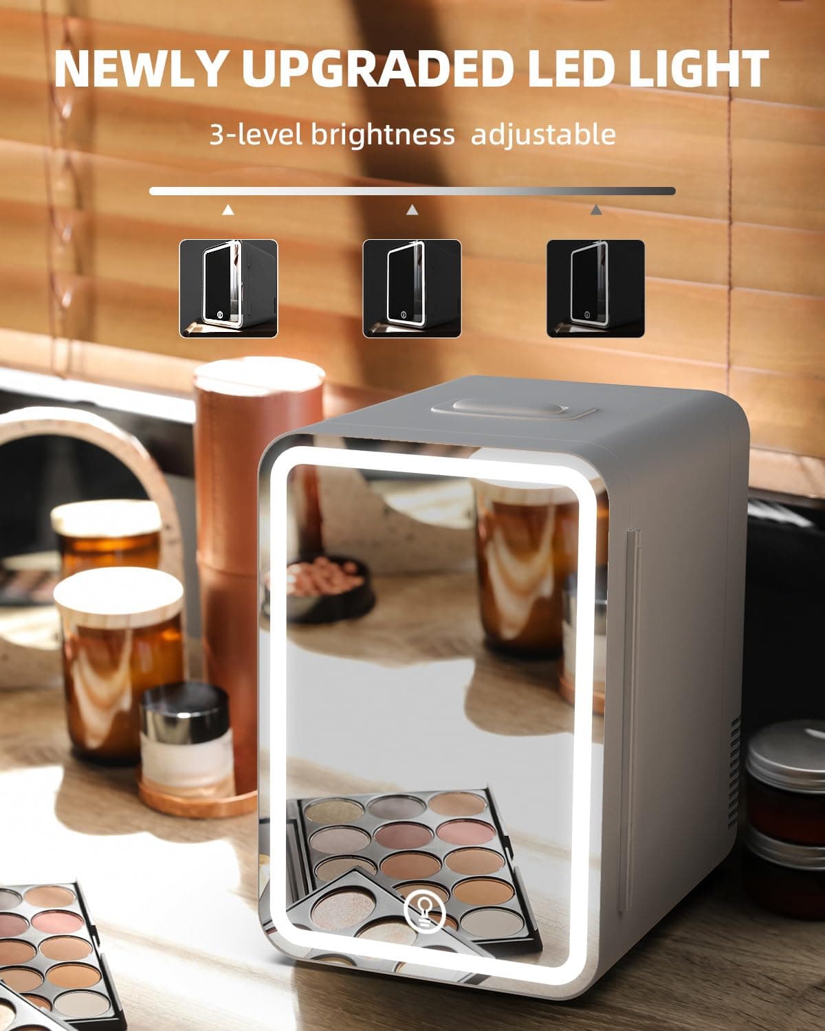 MoraRise 6L Mini Fridge for Bedrooms, Portable Cooler & Warmer Skincare Fridge with LED Mirror, AC/DC Compact Beauty Fridge for Food, Car, Home, Office, Drinks, Cosmetic, Skin care (White, 6L) — view 3