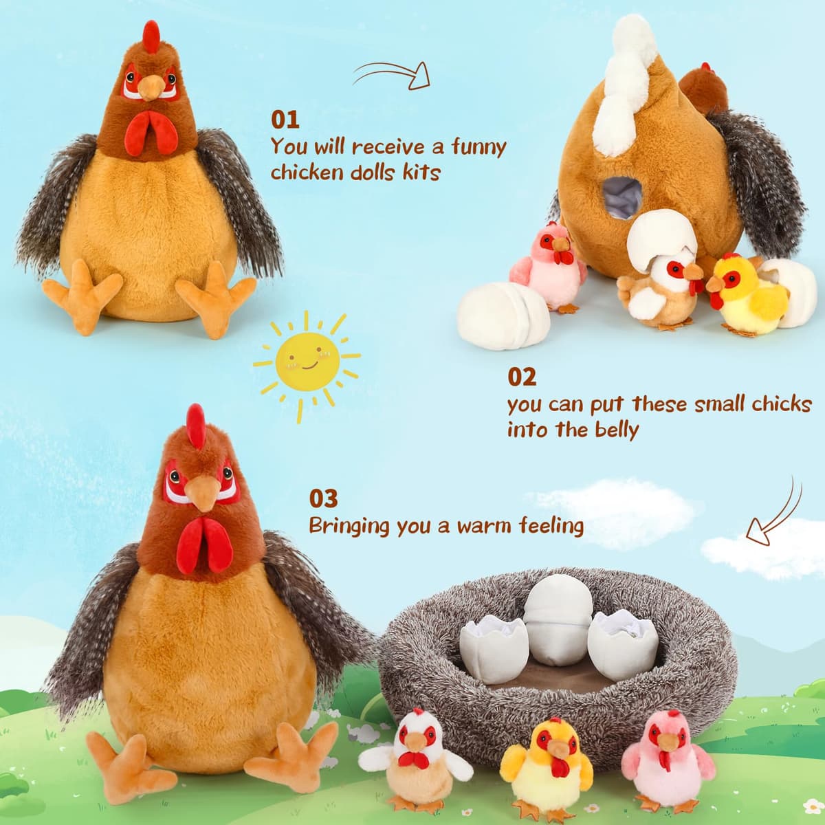 MorisMos Chicken Teddy with Baby Chicks inside, Easter Egg Laying Hen Stuffed Animal Plush Toys, Cuddly Chicken Plush Present for Kids Girls Christmas Birthday Easter Party Supplies. — view 2