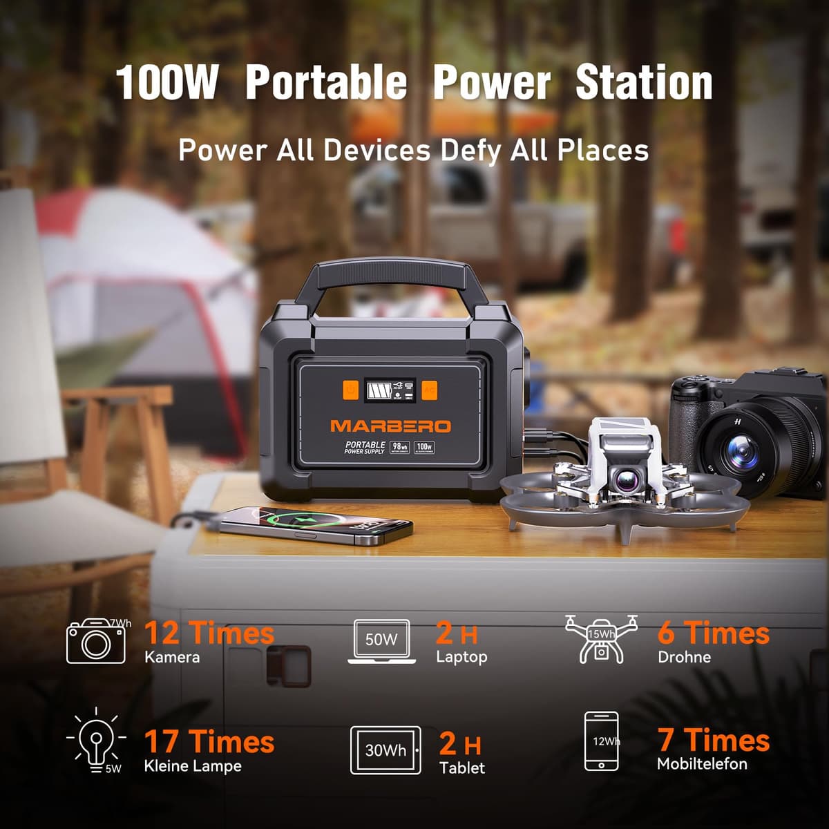 MARBERO Portable Power Station 26,400mAh Large Battery Pack 100W(150W Peak) Power Bank with Plug Socket 220V 97.68Wh Generator LED Light for Outdoor Adventure RV Trip Home Blackout Emergency — view 3