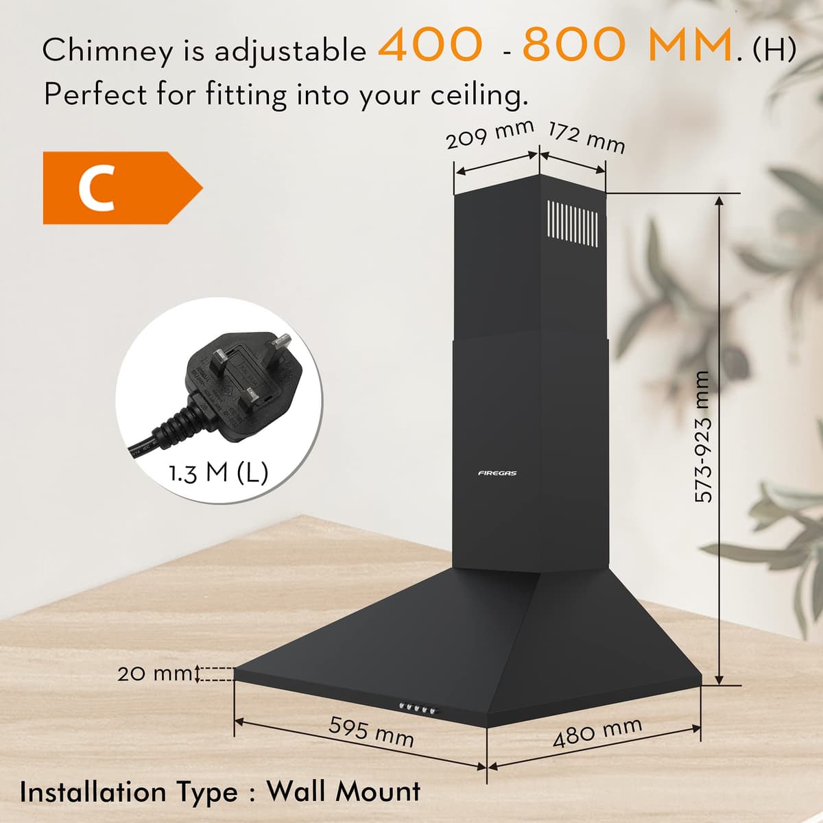FIREGAS Black Chimney Cooker Hood 60cm with Carbon Filters Stainless Steel Wall Mounted Extractor Hood Recirculating & Ducting Extractor Fan Black Cooker Hood — view 3