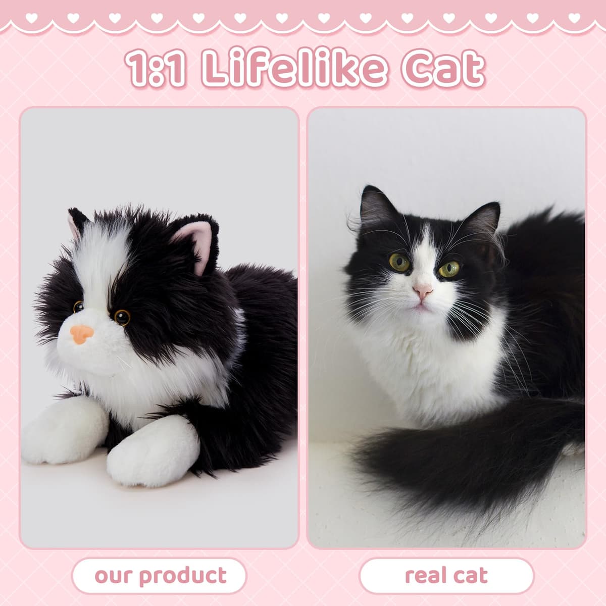 MorisMos Cat Teddy with Kitten Babies inside, Lifelike Cuddly Kitty Stuffed Animal Plush Soft Toys, Kawaii Presents for Kids Girls Boys Birthday Party Decoration (White and Black 50cm) — view 3