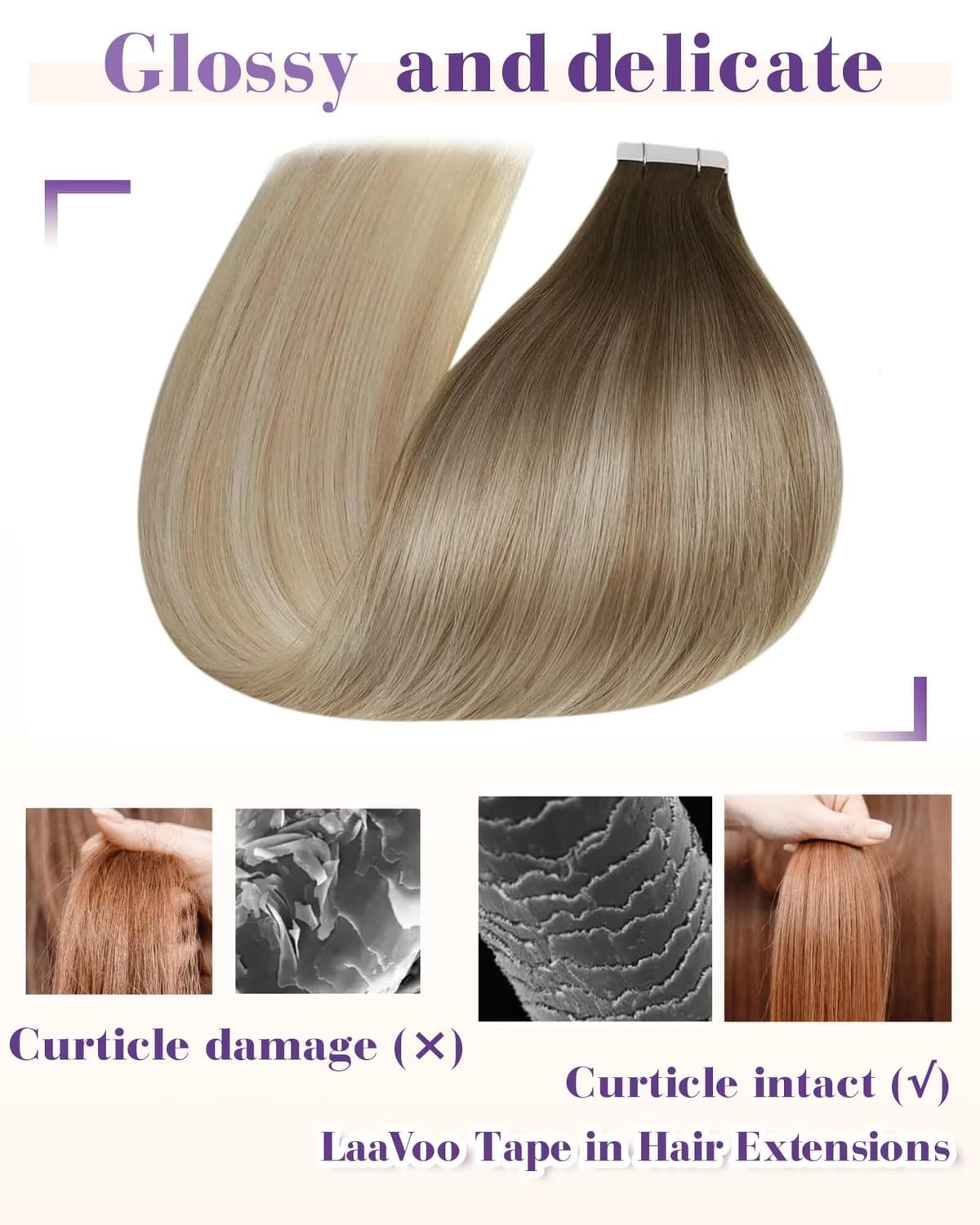 LaaVoo Tape in Hair Extensions Human Hair Blonde Tape Hair Extensions Real Human Hair Invisible Tapes Remy Straight Balayage Brown to Blonde Hair Double Sided Tabs 20pcs 50g 16 Inch #8/18/60 — view 88