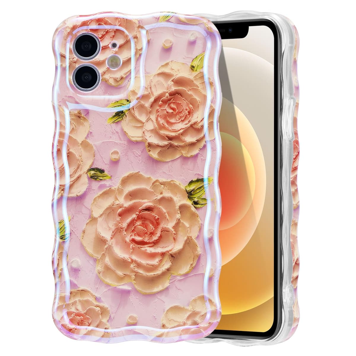 EYZUTAK Case for iPhone 16, Colorful Retro Oil Painting Printed Flower Laser Glossy Pattern Cute Curly Wave Edge Exquisite Phone Cover Stylish Durable TPU Protective Case for Girl Women-Green — view 90