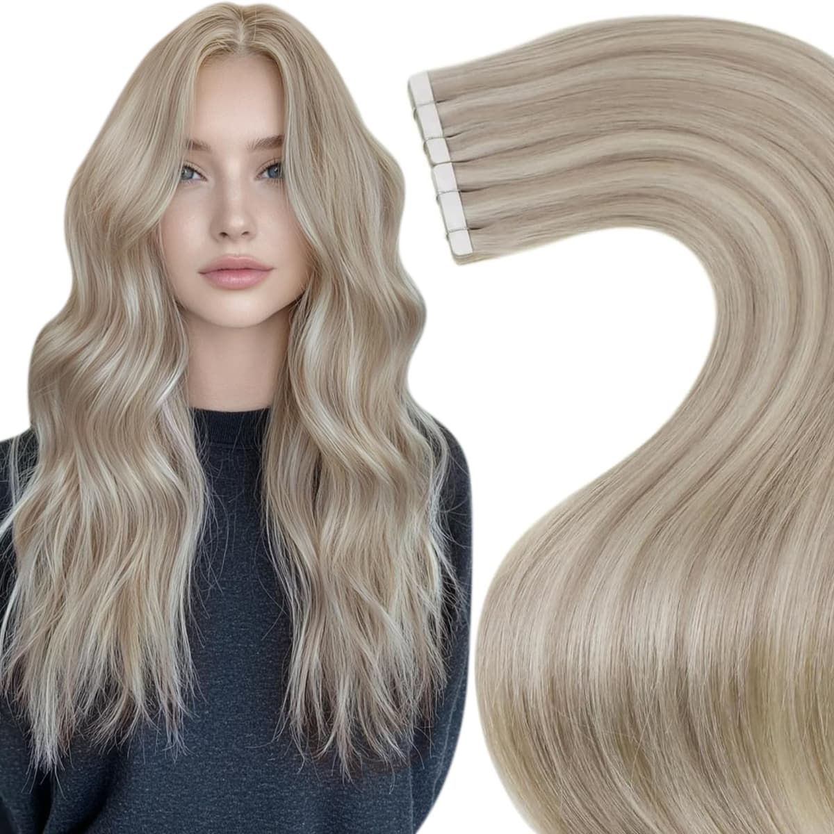 LaaVoo Tape in Hair Extensions Human Hair Blonde Tape Hair Extensions Real Human Hair Invisible Tapes Remy Straight Balayage Brown to Blonde Hair Double Sided Tabs 20pcs 50g 16 Inch #8/18/60 — view 32
