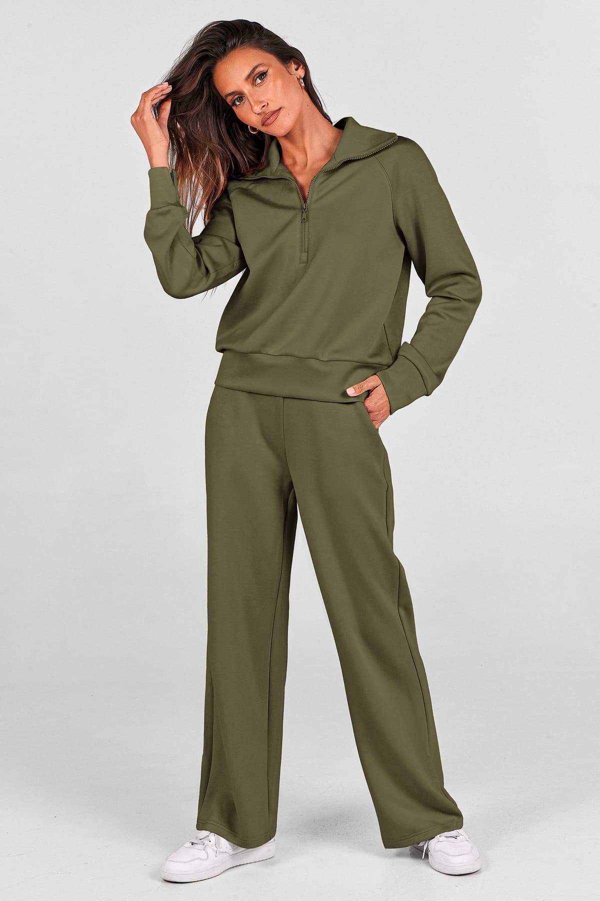 PRETTYGARDEN Women's 2 Piece Outfits Casual Lapel Half Zip Sweatshirts and Wide Leg Pants Tracksuit Sets — view 4