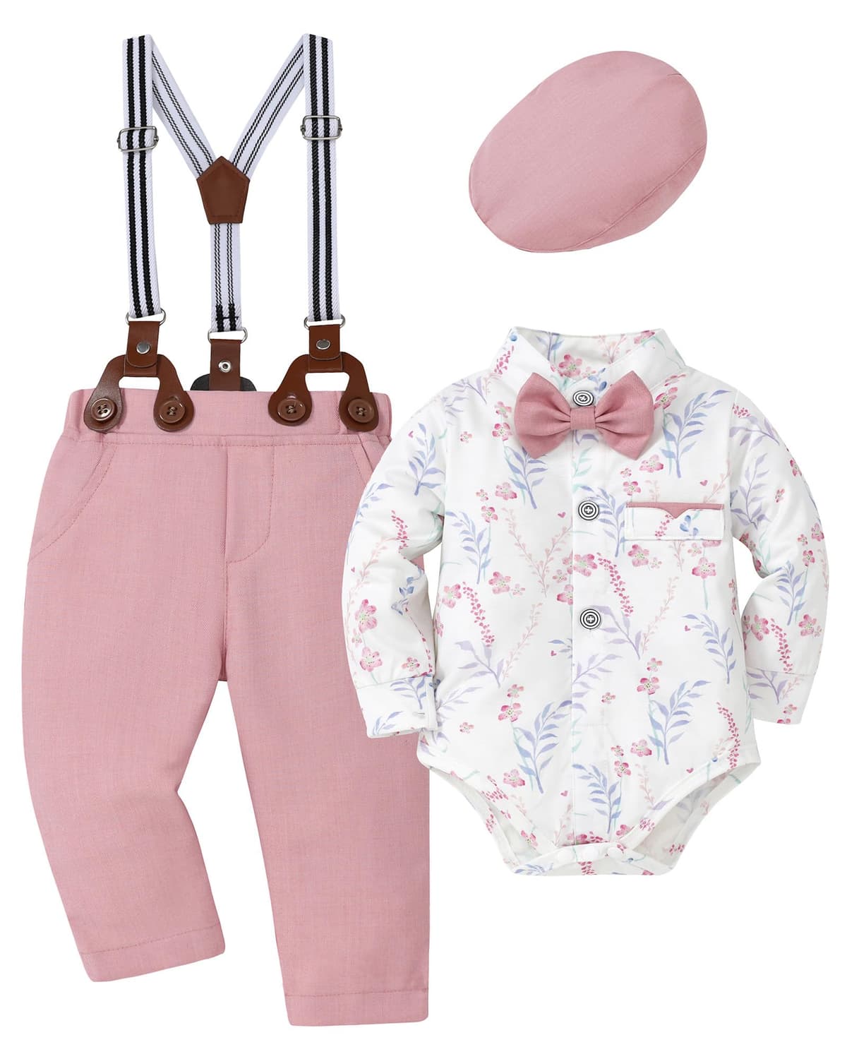 SOLOYEE Baby Boy Clothes Suits 6-9 Months Baby Boys Formal Wedding Outfits Long Sleeve Dress Shirt + Suspender Pants + Bowtie + Beret Gentleman Clothing Set (Capri Blue, 6-9 Months) — view 5