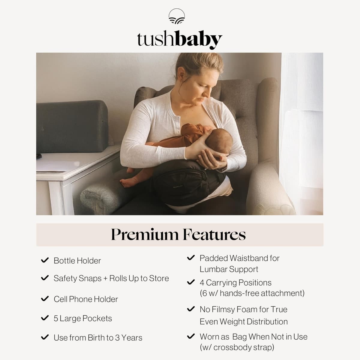 Tushbaby Hip Carrier for Babies & Toddlers (Black) - Safety-Certified, Machine Washable Child Waist Seat for One Hand Support with Multi-Pocket Storage, 23”- 44” Waist, Holds Kids 0-3 yrs up to 45lbs — view 5