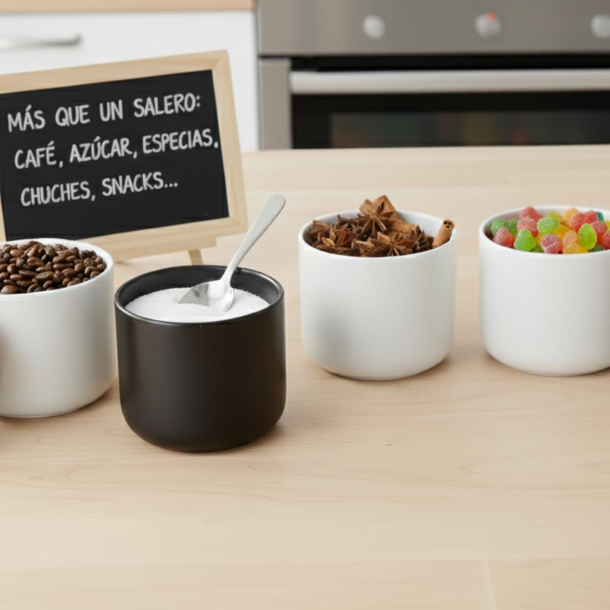 Salero de Cocina de Cerámica CURVE - Bote Hermético con Tapa de Madera de Acacia. Tarro Multiusos para Sal, Azúcar o Especias. Diseño Nórdico Moderno. 11.5 x 12 cm. - Blanco — view 5