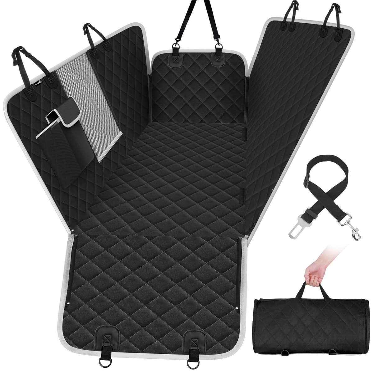 Pecute Funda Perros Coche, Funda de Asiento para Perros Impermeable y Resistente, Protector Coche Perros con Rejilla Flexible Pasar Aire, Universal para SUV, Camión, Transportar y Viaje (Negro)