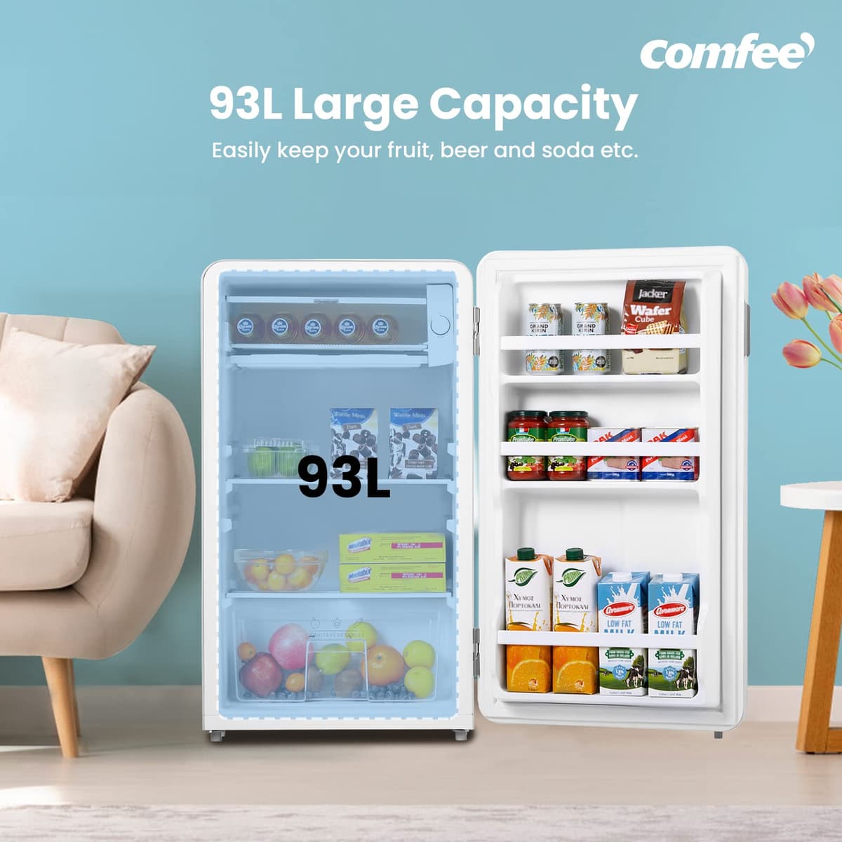 COMFEE' RCD93WH2UKRT(E) Under Counter Fridge Only, 93L Retro Freestanding Fridge with Chiller Box, Adjustable Thermostats, LED light, White — view 3