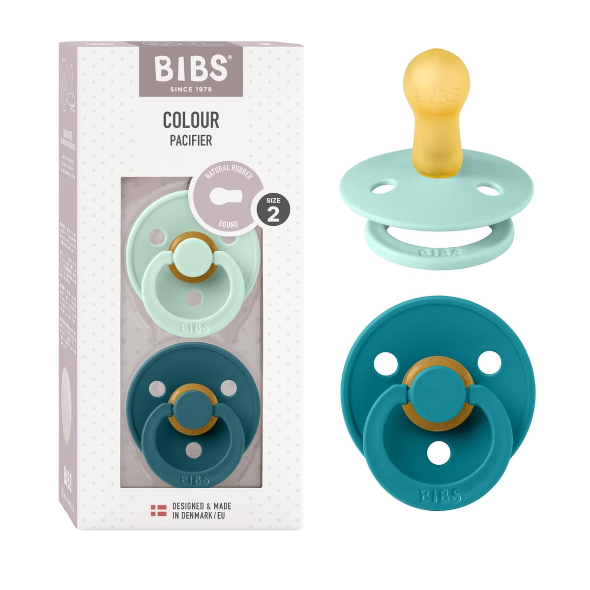 BIBS Colour Soother 2-Pack, BPA Free Dummy Pacifier, Round Nipple. Natural Rubber Latex, Size 2 (6-18 Months), Sky Blue/Steel Blue — view 9