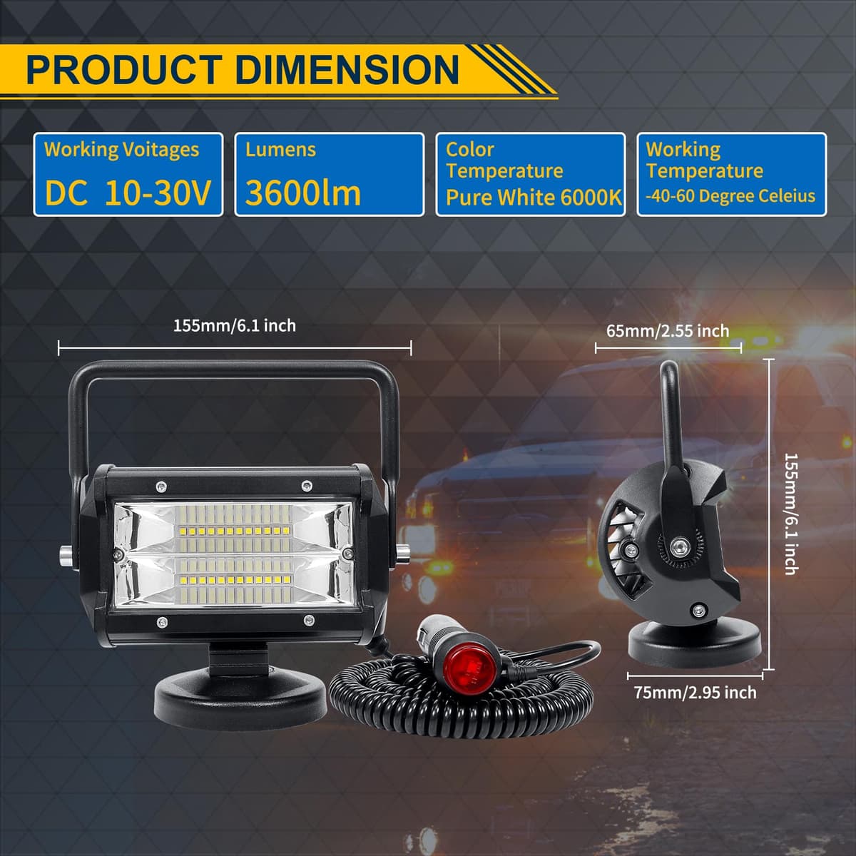 RIGIDON 2 Pcs Lámpara LED Trabajo Portátil, 5 Pulgadas 72W, con Imán para Off Road, Camión, Coche, Todoterreno, SUV, 4x4 Vehículos - 12v 24v, 6000K — view 3