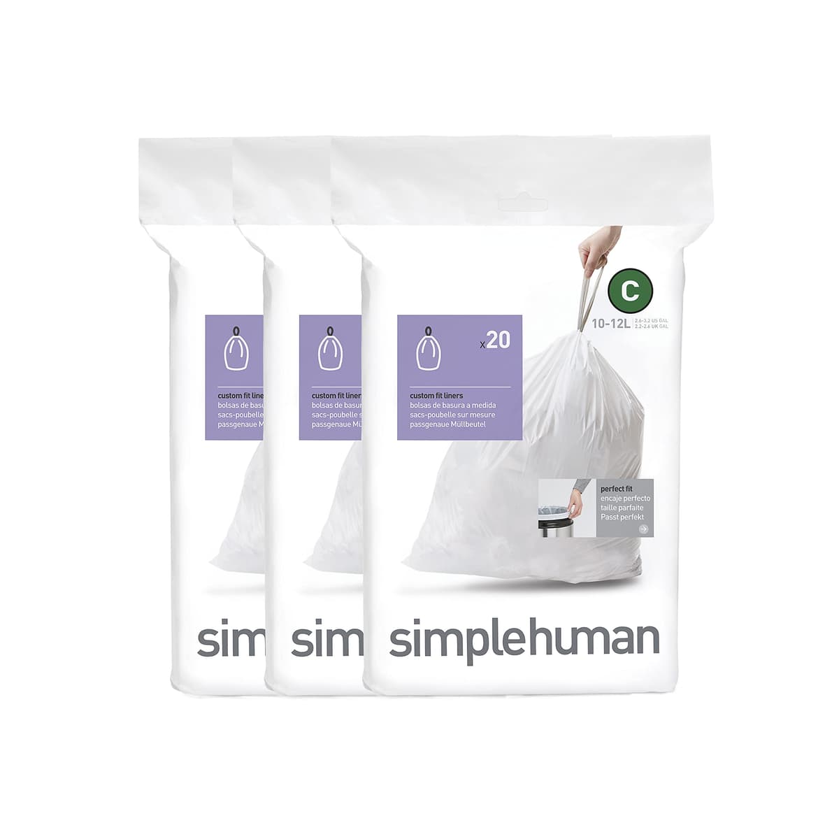 simplehuman CW0408 3 x paquete de 20 bolsas de basura a medida (60 bolsas), código V, plástico blanco — view 35