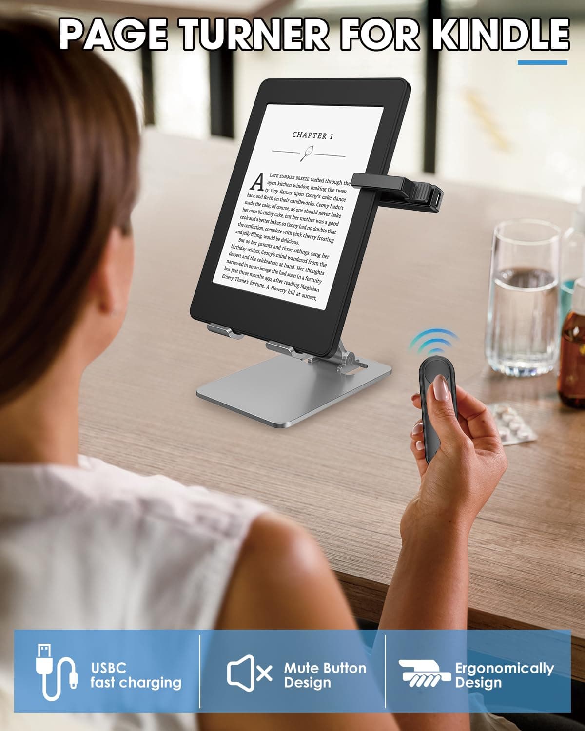 RF Remote Control Page Turner for Kindle Paperwhite Scribe Accessories, Page Turner Clicker for iPad Tablets Reading Novels Taking, Phone Camera Video Record Triggers Remote, Black — view 2