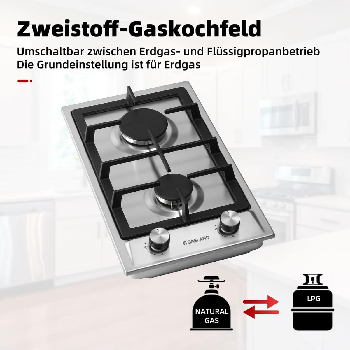 GASLAND GH30SF 30cm Built-in Hob with 2 Burners, 4200W, Stainless Steel, Compatible with LPG & Natural Gas, Butane Gas Cooktop — view 4