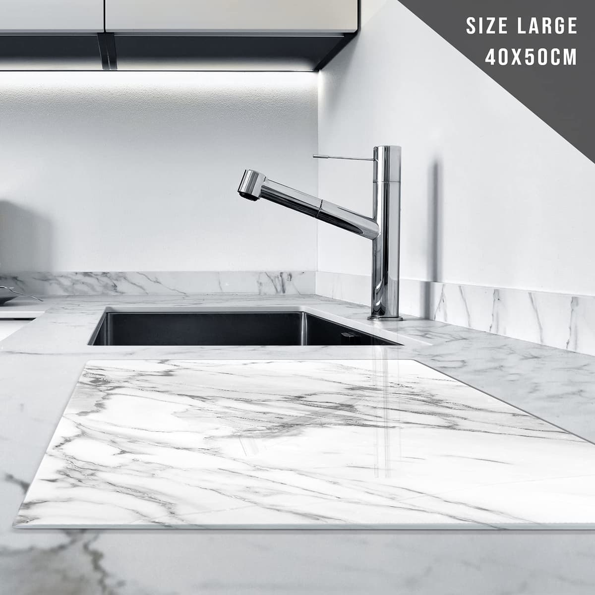 Glass Chopping Board 50 x 40 | Kitchen Worktop Protector | Multifunctional Cutting Board | Work Top Savers | Kitchen Accessories | Extra Large | Marble Effect Grey White — view 2