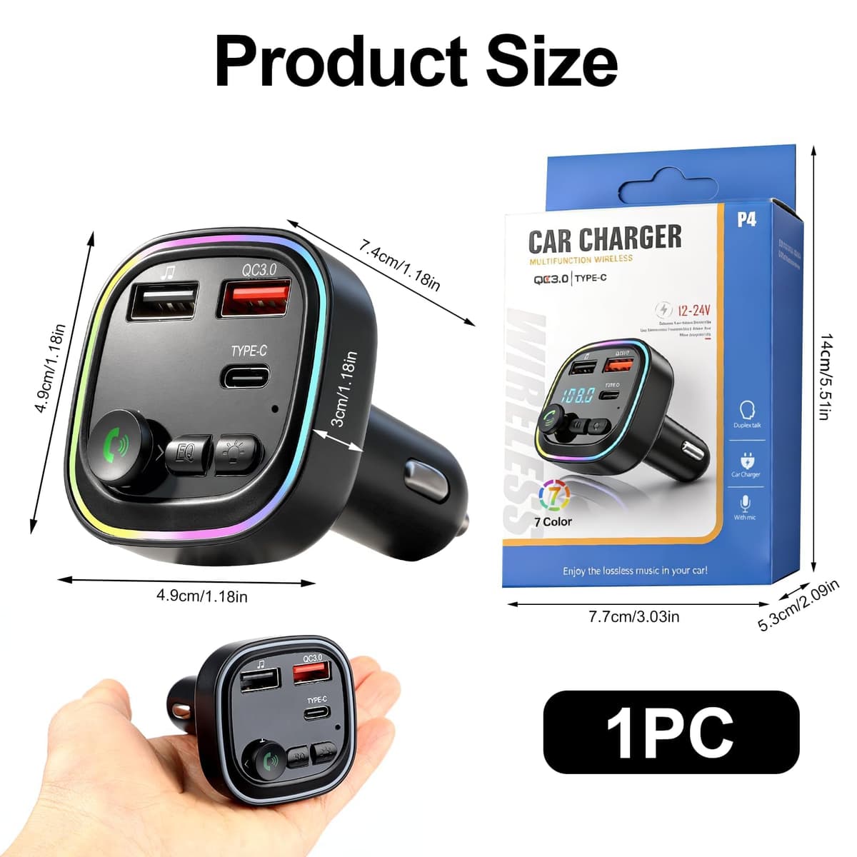 Bluetooth Car Adapter FM Transmitter PD 30W Fast Charging, QC3.0 USB C Cigarette Lighter Adapter with LED Display, Wireless Music and Hands Free Calling Use — view 2