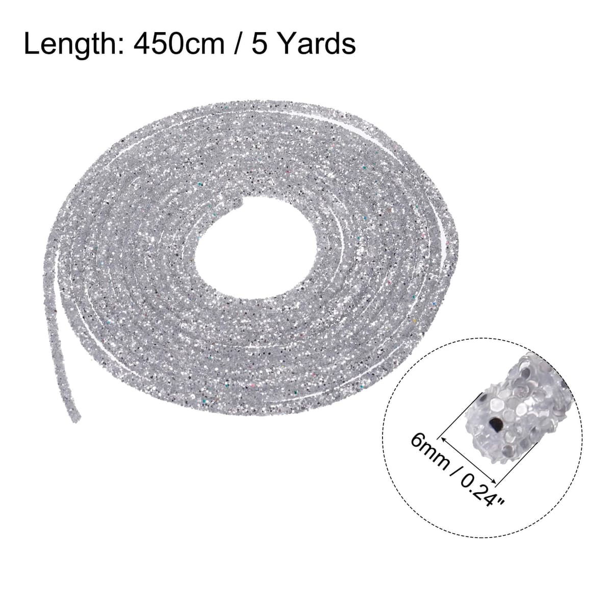sourcing map 5 Yard 6mm 0.24 inch Glitter Sequins Rope Sequins Rhinestone Tube Cord for DIY Wedding Dresses Costume Clothing Shoes Jewelry Accessory Gray Silver — view 2