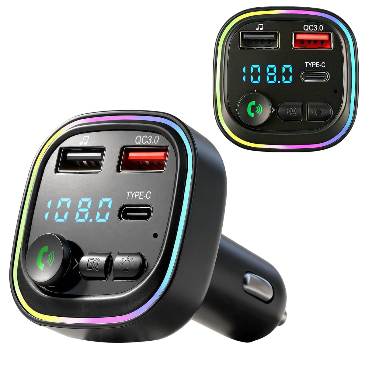 Bluetooth Car Adapter FM Transmitter PD 30W Fast Charging, QC3.0 USB C Cigarette Lighter Adapter with LED Display, Wireless Music and Hands Free Calling Use