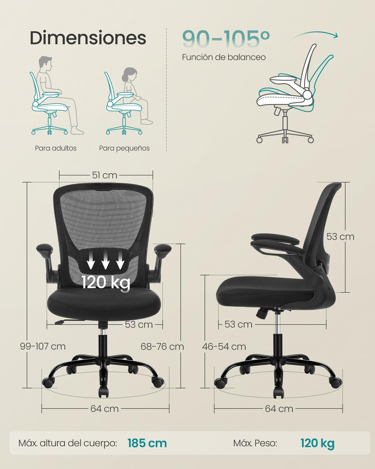 SONGMICS Silla de Oficina, Silla de Escritorio de Malla, Silla Giratoria Ergonómica, Soporte Lumbar, Oscilante, Asiento de 53 cm, Apoyabrazos Abatibles, Negro OBN037BKV2 — view 3