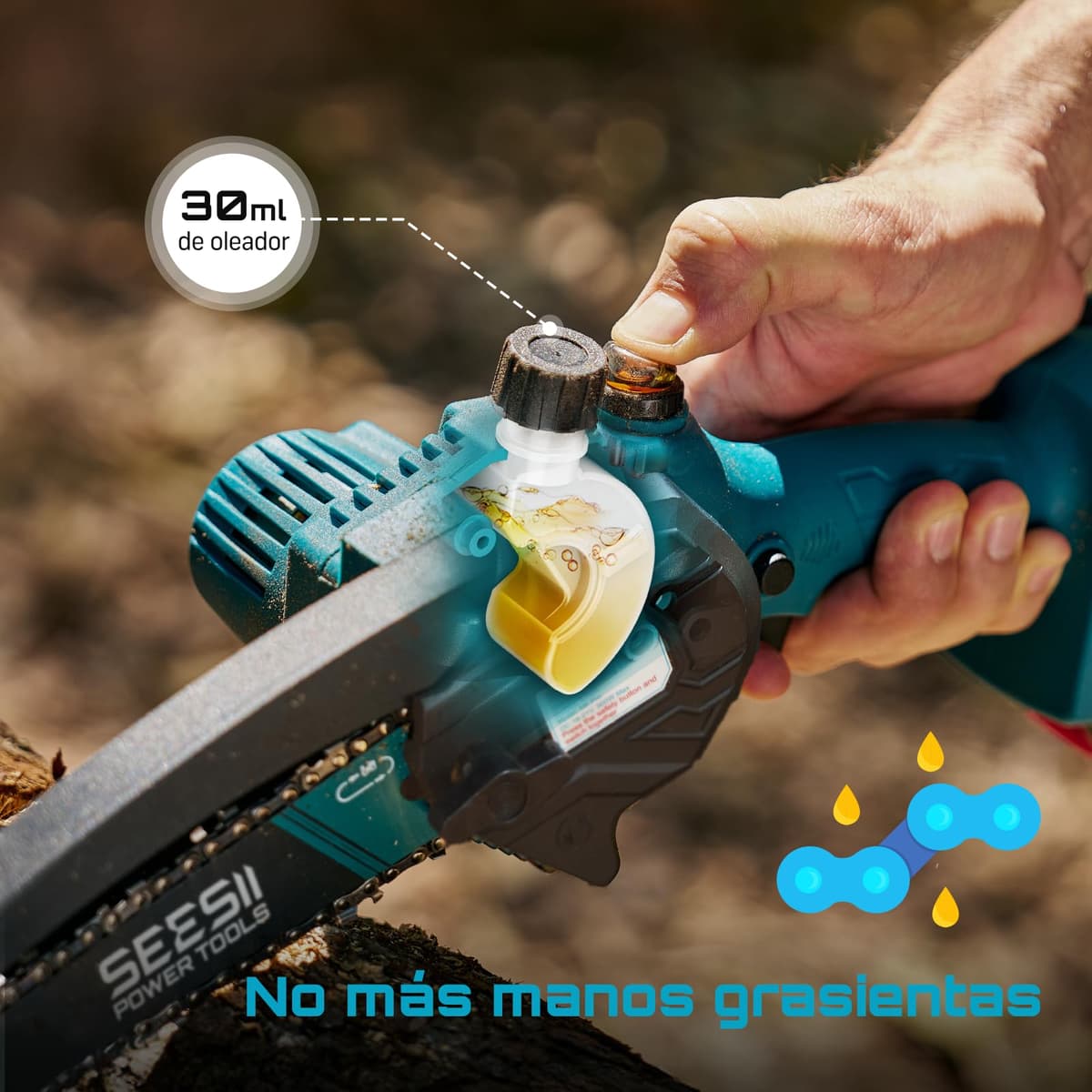 SEESII 6'' Mini Motosierra Bateria 2x4000mAh, Motosierra Eléctrica Bateria 900W con Depósito Para El Aceite y Cadena Reemplazable, Motosierra Inalámbrica Portátil para Podar Árboles de Jardinería — view 5