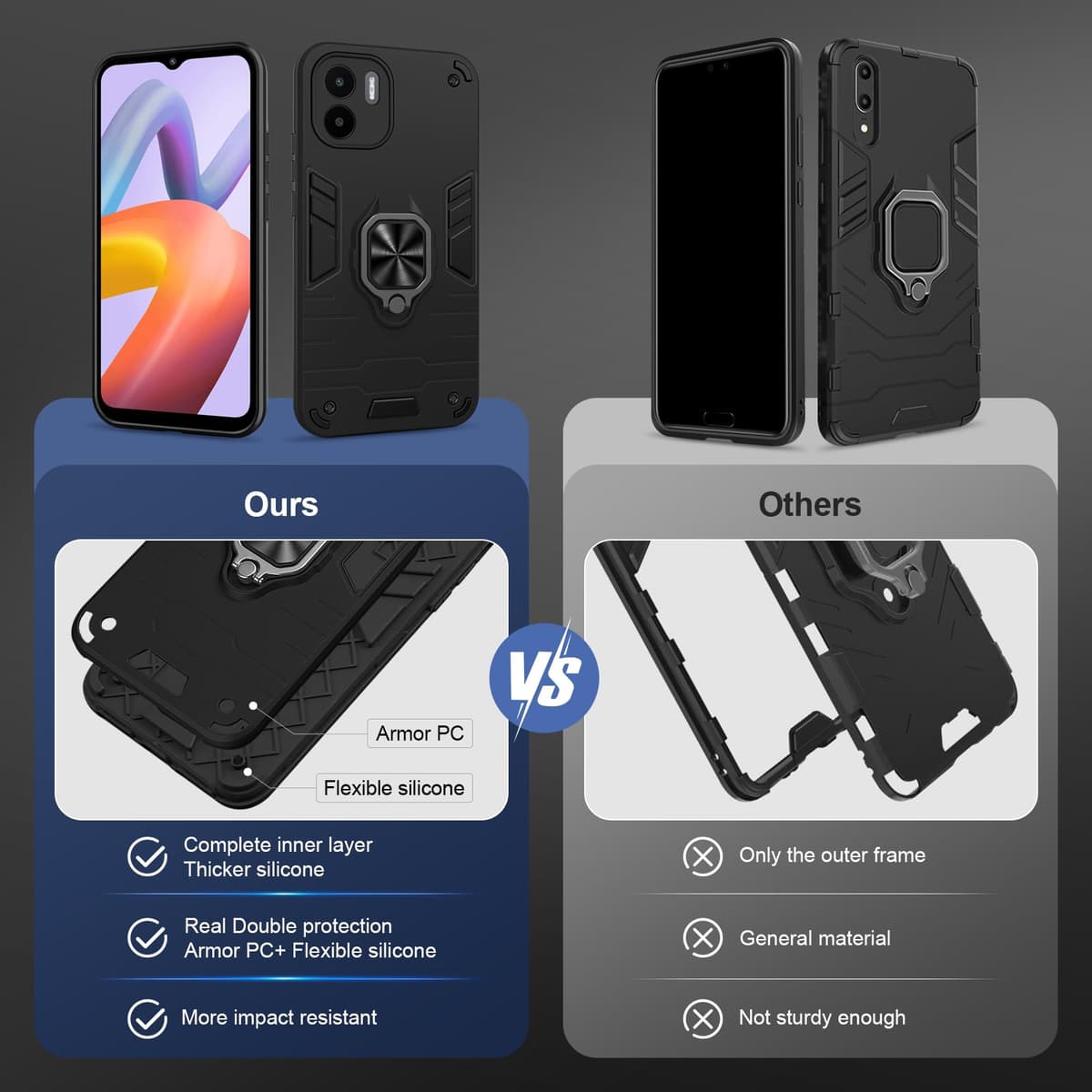 Funda para CMF Phone 2 Pro, Carcasa Antigolpes con Soporte anular metálico, Case Protectora de Grado Militar, Negro — view 52